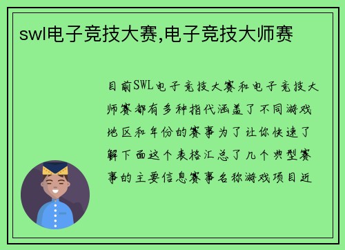 swl电子竞技大赛,电子竞技大师赛